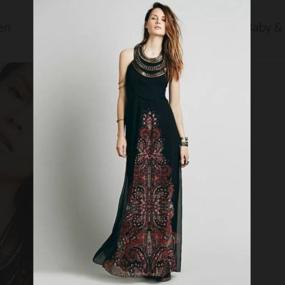 Free People Black Maxi Dress with Red Paisley Panel
